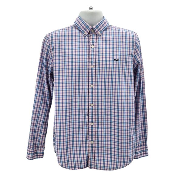 Vineyard Vines Mens Medium Whale Shirt Slim Fit Pink Aqua Blue Check Plaid Logo - Picture 9 of 9